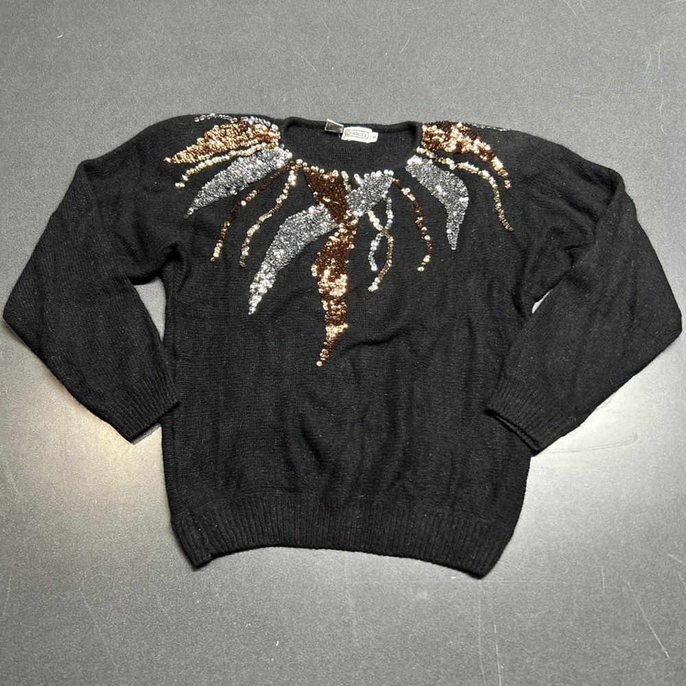 VTG 80s Black Gold Metallic Sequin Sweater M Silk Blend Holiday 90s Rabbit Hair